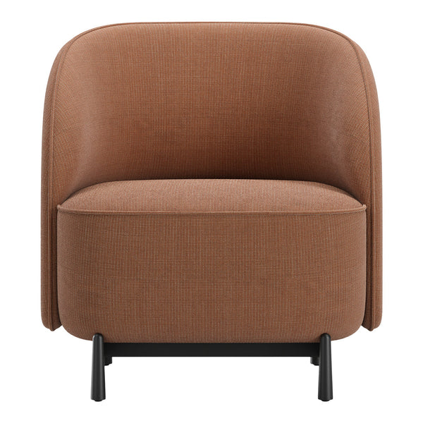 Brown textured chair with a minimalist design and black metal legs. Perfect for modern living spaces.