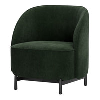 Elegant dark green velvet armchair with a smooth, rounded design and matte black legs. Ideal for modern decor.