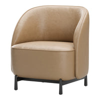 Beige upholstered chair with smooth faux leather texture and minimalist black metal legs.