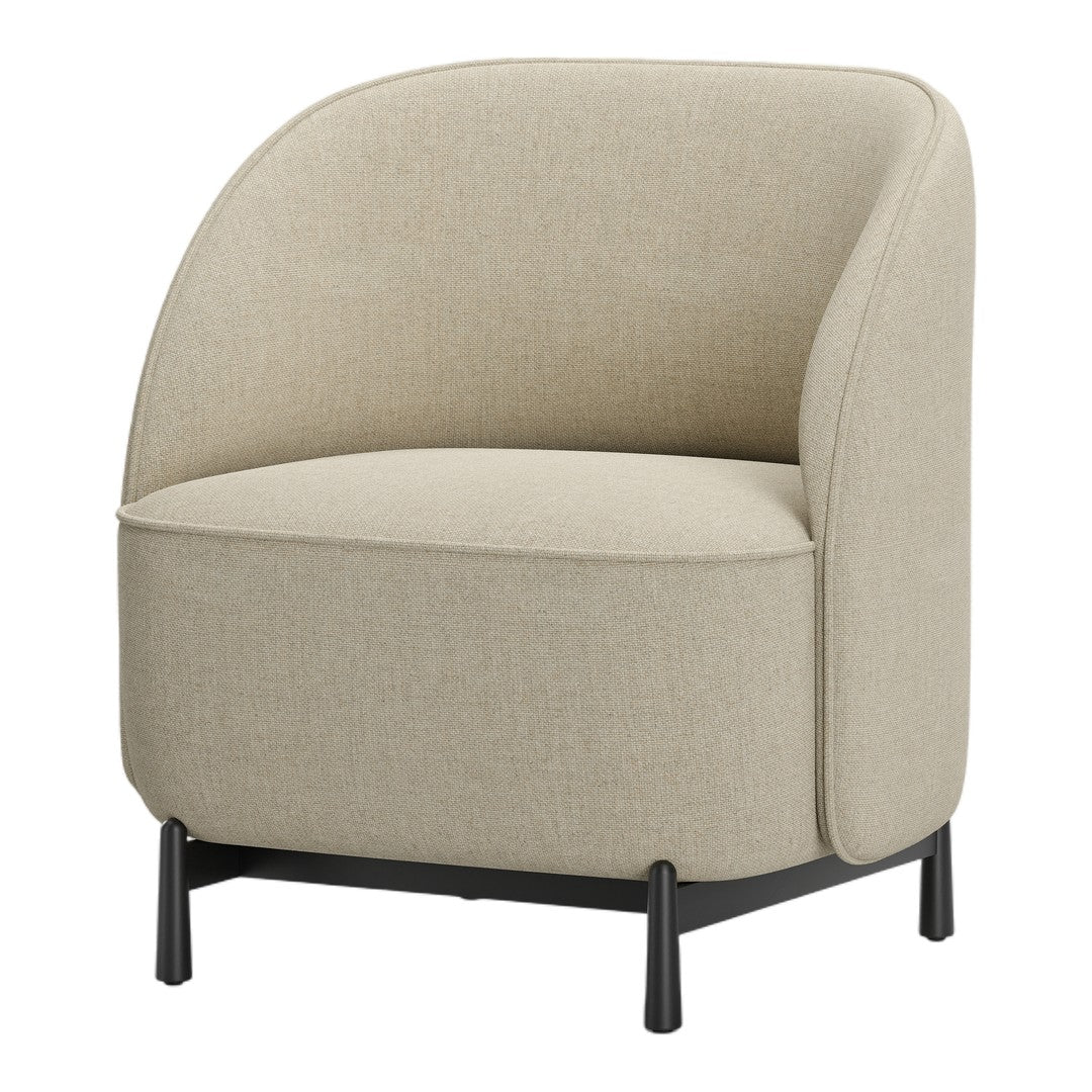 Beige upholstered chair with a smooth texture and minimalistic design, featuring black metal legs.