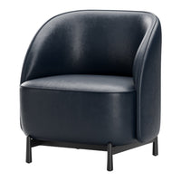 Navy blue leather armchair with smooth, glossy finish and minimalistic design, perfect for modern decor.