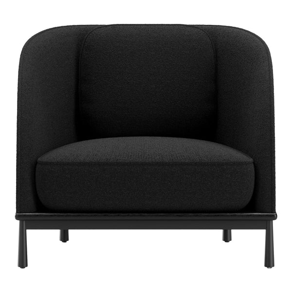 Black upholstered armchair with a textured fabric and sleek metal legs, perfect for modern decor.