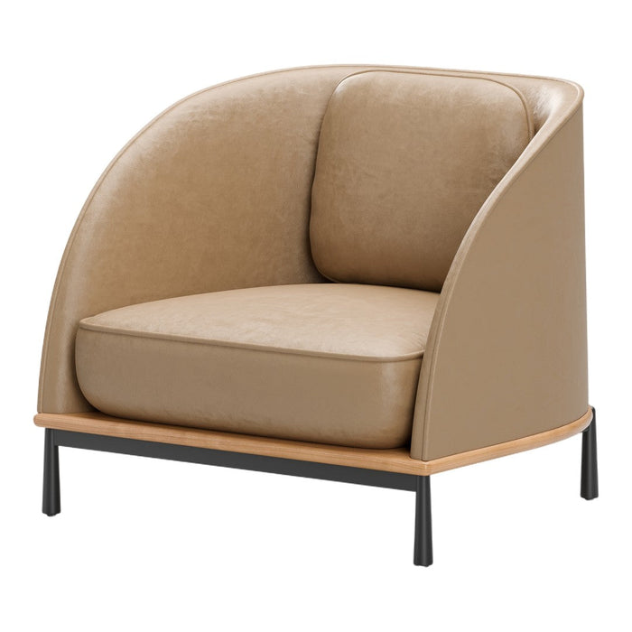 Beige leather armchair with smooth finish and sleek black metal legs, featuring minimalist design and warm tones.