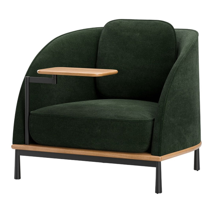Green upholstered armchair with a natural wood accent and black metal legs, showcasing a modern and stylish design.