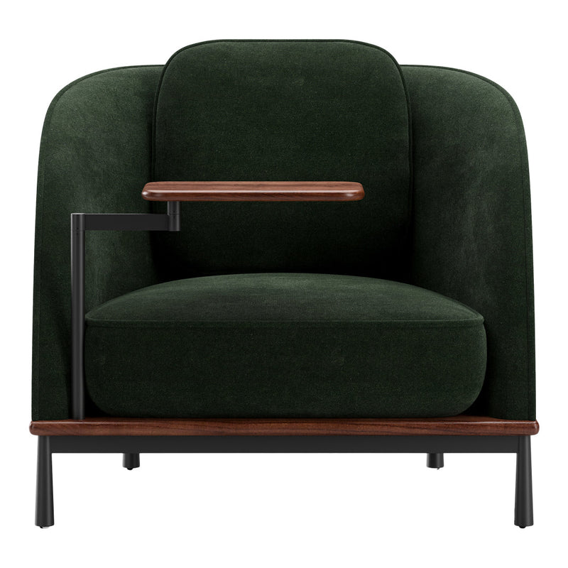 Green upholstered chair with a black metal frame and a brown wood armrest, featuring a sleek modern design.