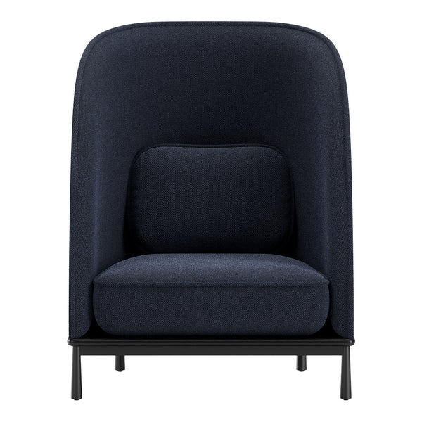 Navy blue upholstered armchair with a soft, textured pattern and sleek black metal legs. Perfect for modern decor.