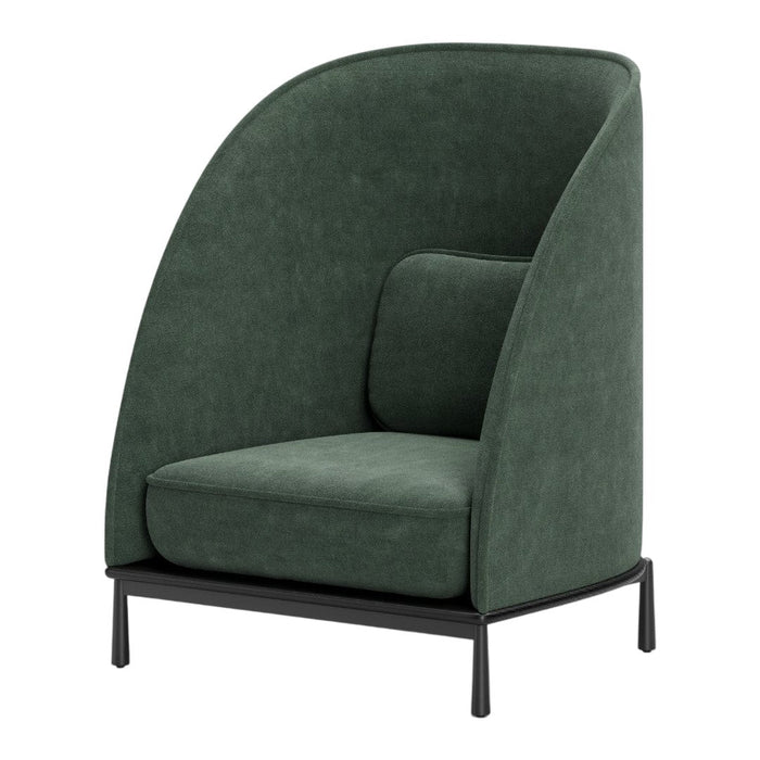 Green upholstered chair with an elegant curved design and black metal legs, featuring a smooth texture and modern look.