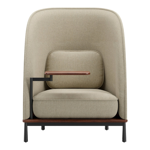 Beige upholstered chair with soft, textured fabric and a contrasting dark wood armrest on a sleek black frame.