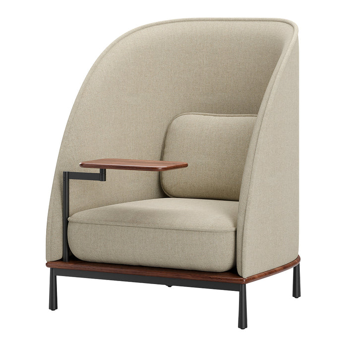 Beige textured fabric armchair with a walnut wood accent table and sleek black metal legs. Modern and stylish design.