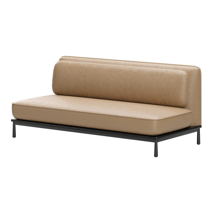 Tan leather sofa with sleek black metal legs, featuring a minimalist design and smooth textures.