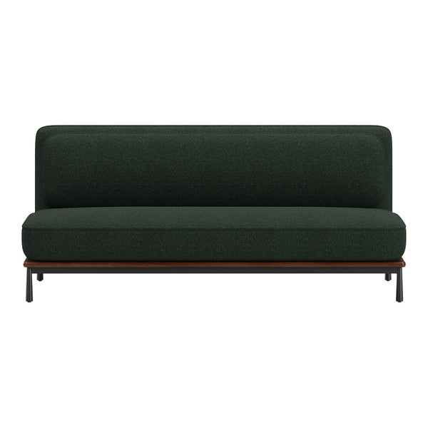Dark green upholstered sofa with textured fabric and a sleek wooden base, featuring minimalist design and modern style.