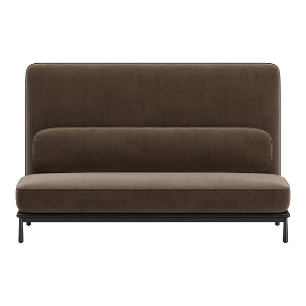 Brown upholstered sofa with a smooth texture and sleek black metal legs, featuring a minimalistic design.