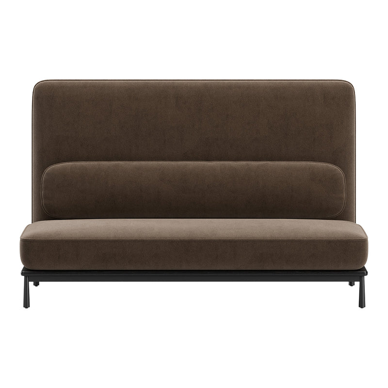 Brown upholstered sofa with a smooth texture and sleek black metal legs, featuring a minimalistic design.