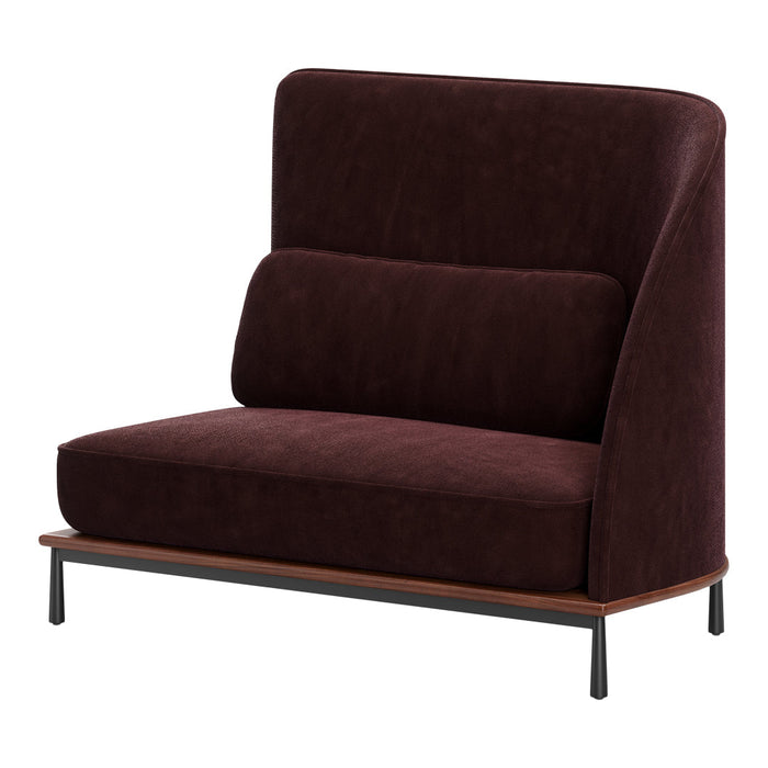 Burgundy upholstery with a smooth texture, featuring a modern design and dark wood base accents.
