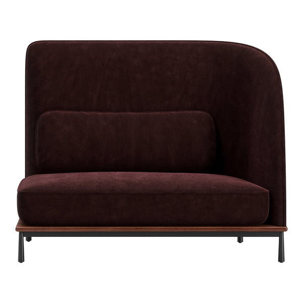 Contemporary burgundy sofa with smooth velvet texture and rounded edges, featuring a sleek black base.