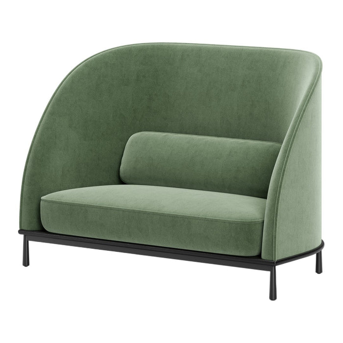 Green velvet loveseat with curved shape and black metal legs, featuring a smooth, modern texture and minimalist design.