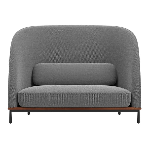 Grey modern sofa with a textured fabric pattern and wooden base, featuring a minimalist design and smooth lines.