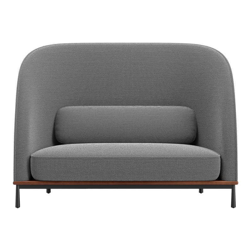 Grey modern sofa with a textured fabric pattern and wooden base, featuring a minimalist design and smooth lines.