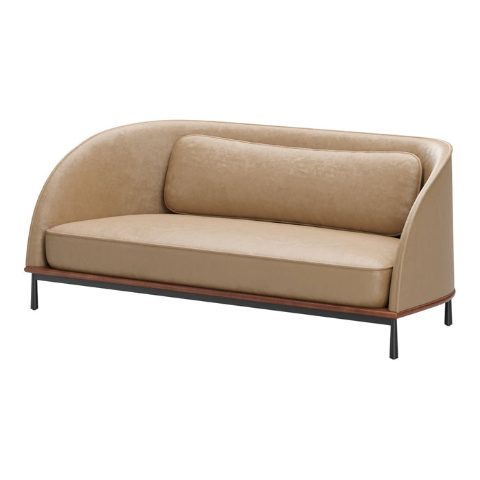 Modern beige sofa with smooth texture and curved design, featuring a wooden base and sleek black legs.