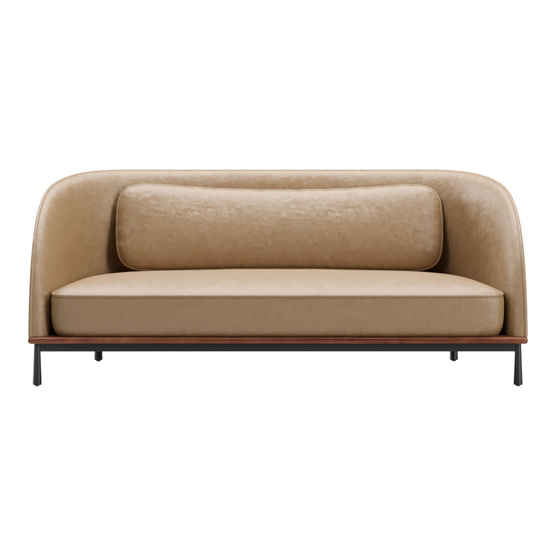 Beige curved sofa with a smooth texture and a single plush back cushion, set on a minimalist black metal frame.