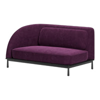 Purple upholstered sofa with a modern design and a sleek black metal frame. Soft, textured fabric adds luxury.