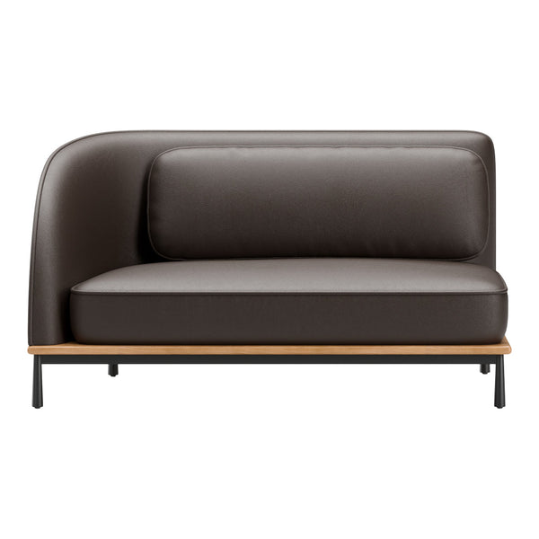 Brown leather sofa with sleek lines, featuring a smooth texture and minimalistic design, complemented by a light wood base.