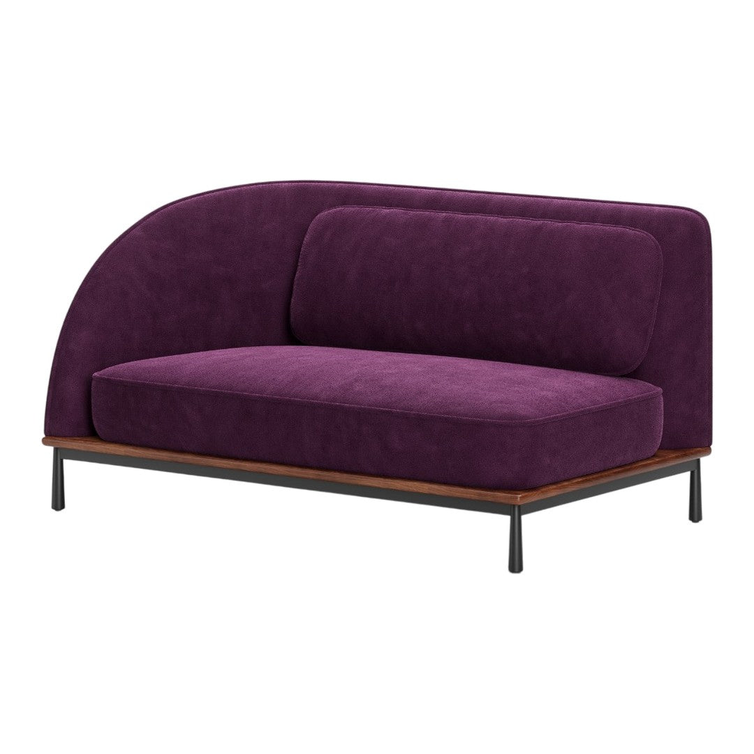 Purple upholstered sofa with a smooth texture and modern design, featuring a sleek wooden base.