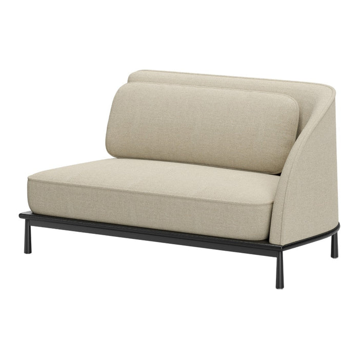 Beige fabric loveseat with subtle texture, featuring a sleek black metal frame for a modern aesthetic.