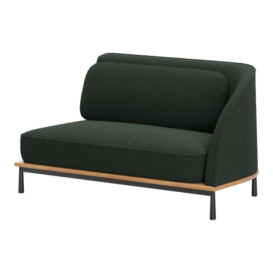 Dark green textured fabric sofa with sleek black legs and a light wood accent. Modern and stylish design.