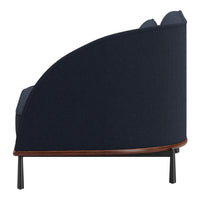 Navy blue textured fabric sofa with a rounded back and contrasting wooden base and black metal legs.