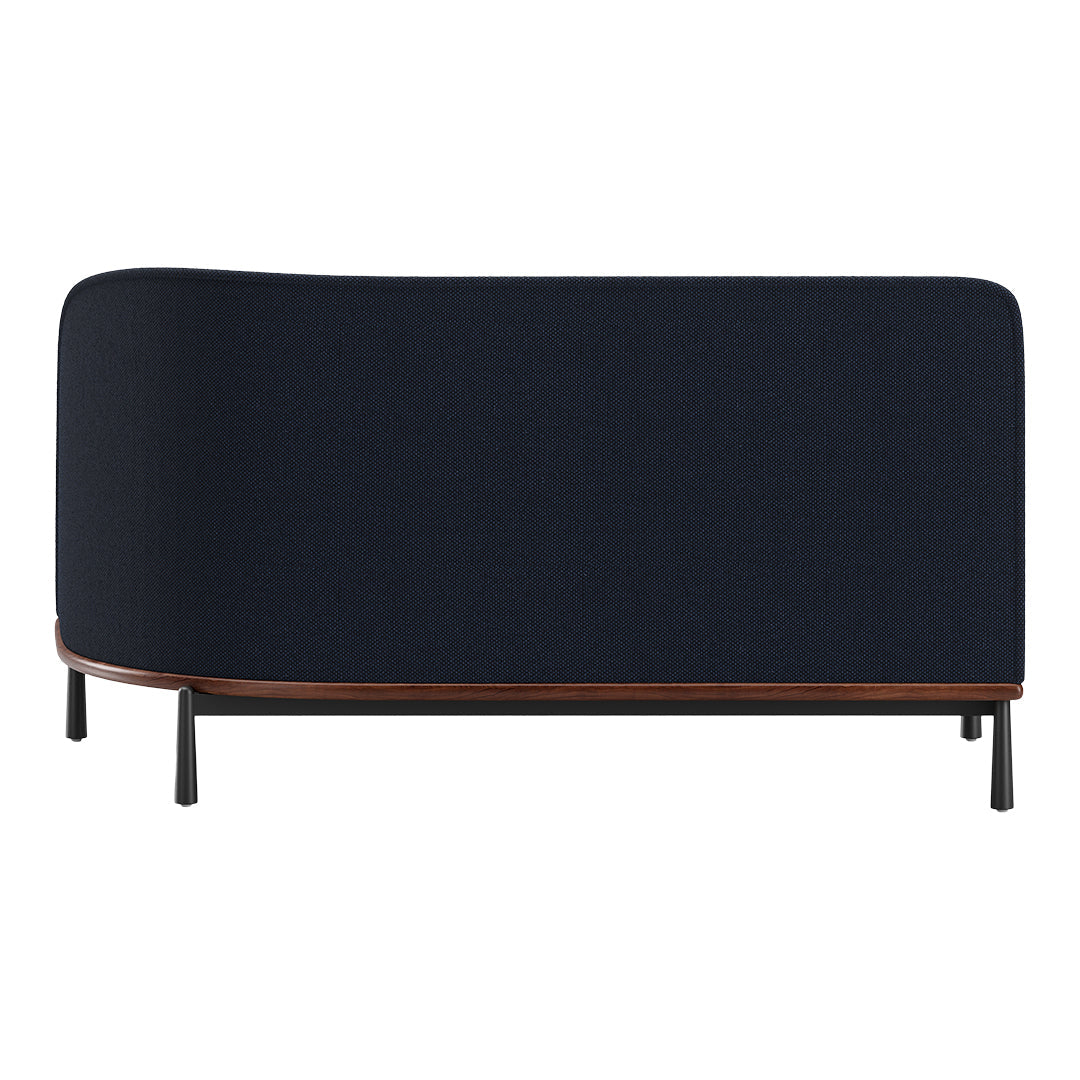 Navy blue fabric sofa with a textured pattern and wooden trim, featuring black metal legs for modern elegance.