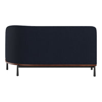 Navy blue fabric sofa with a textured pattern and wooden trim, featuring black metal legs for modern elegance.