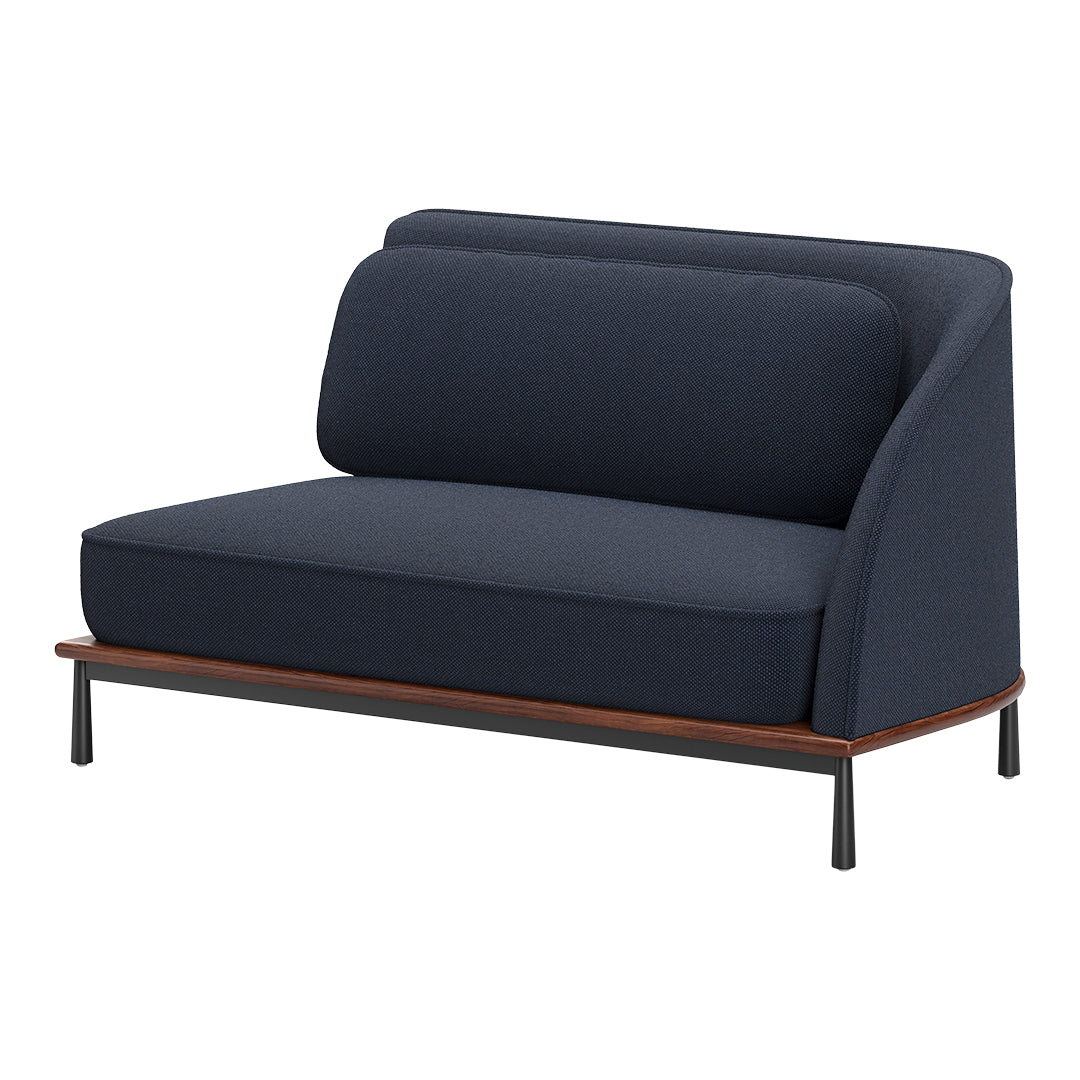 Navy blue upholstered two-seater sofa with a textured pattern and wooden base, featuring sleek black metal legs.