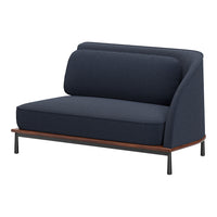 Navy blue upholstered two-seater sofa with a textured pattern and wooden base, featuring sleek black metal legs.