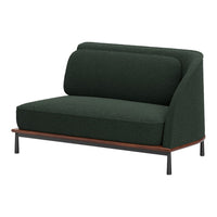 Stylish green upholstered sofa with a modern design and wood accents, perfect for contemporary interiors.