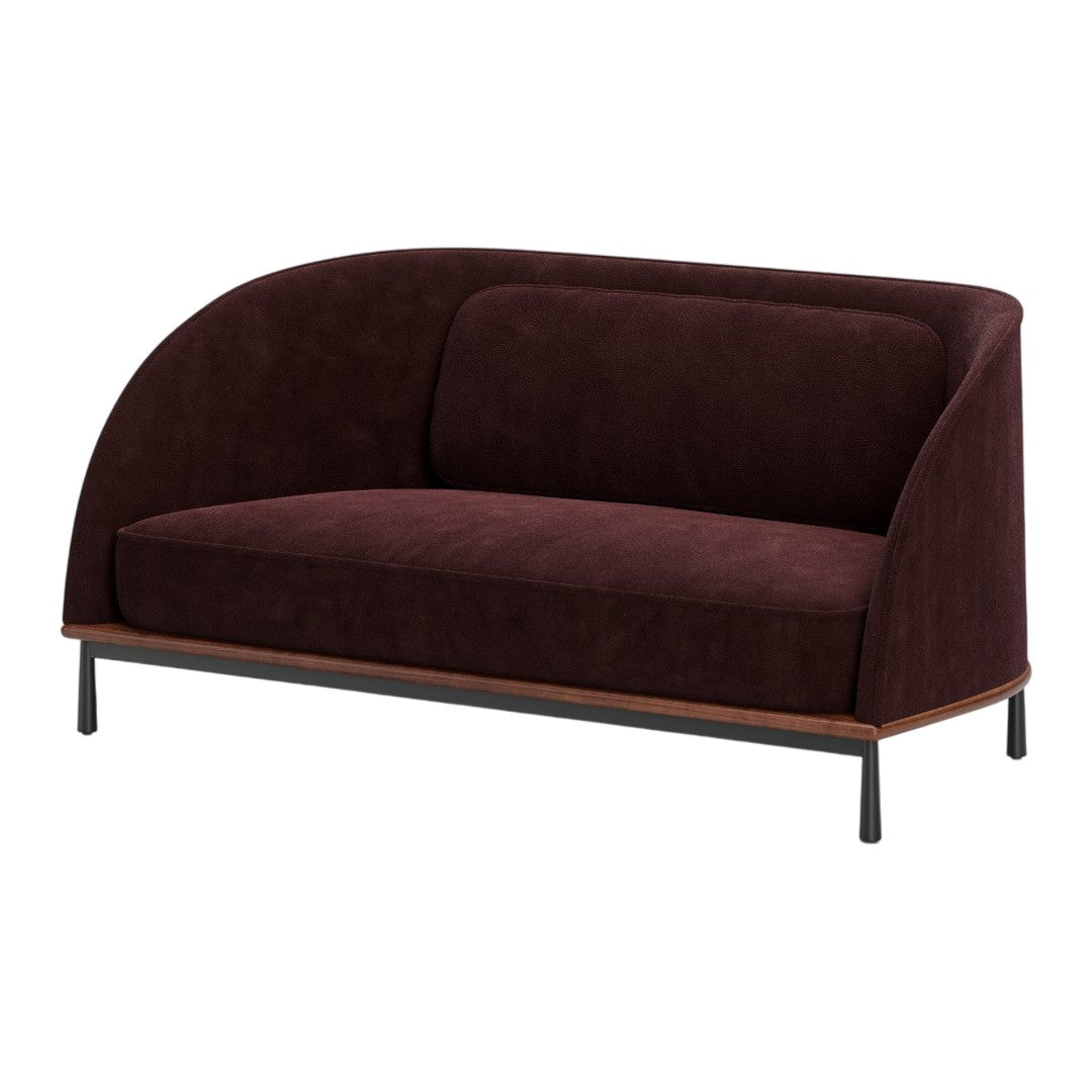 Burgundy upholstered two-seater sofa with smooth, curved lines and a contrasting wood base.