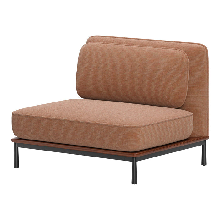 Brown textured fabric sofa chair with a modern black and wood frame. Stylish and minimalist design for any space.