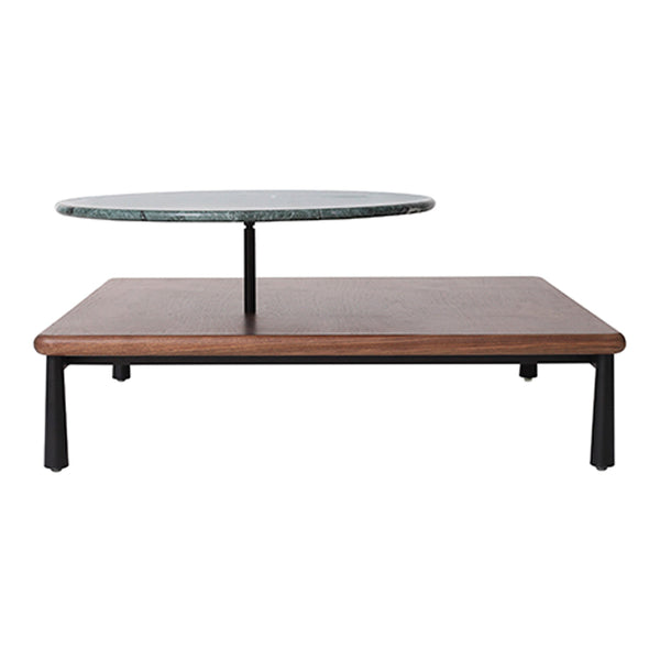 Two-tier coffee table with a wood base, round green marble top, and black metal legs for a modern aesthetic.