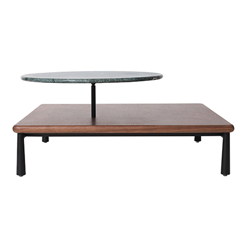 Two-tier coffee table with a wood base, round green marble top, and black metal legs for a modern aesthetic.