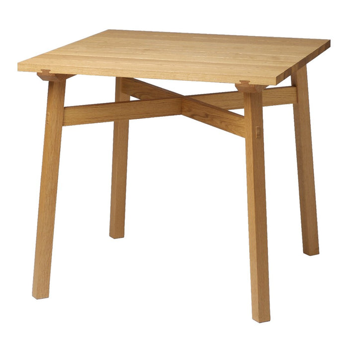 Natural oak square table with a smooth surface and minimalist cross-legged design. Perfect for modern decor.