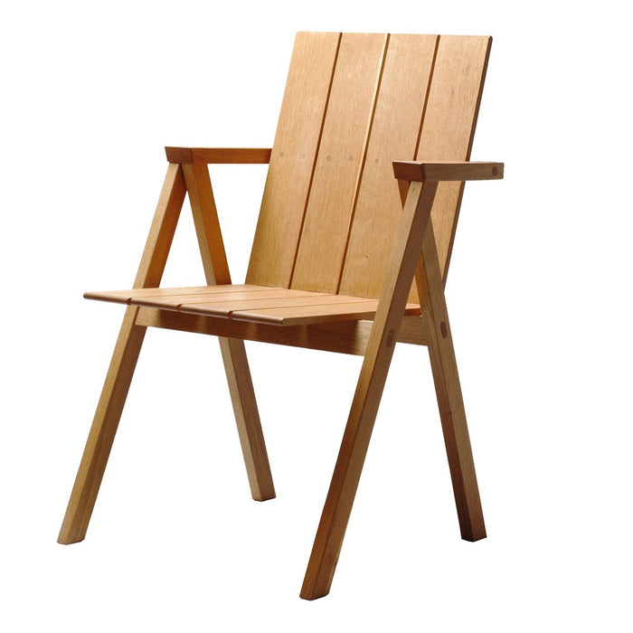 Natural wood chair with a slatted design and warm, honey-colored finish. Ideal for indoor or outdoor use.