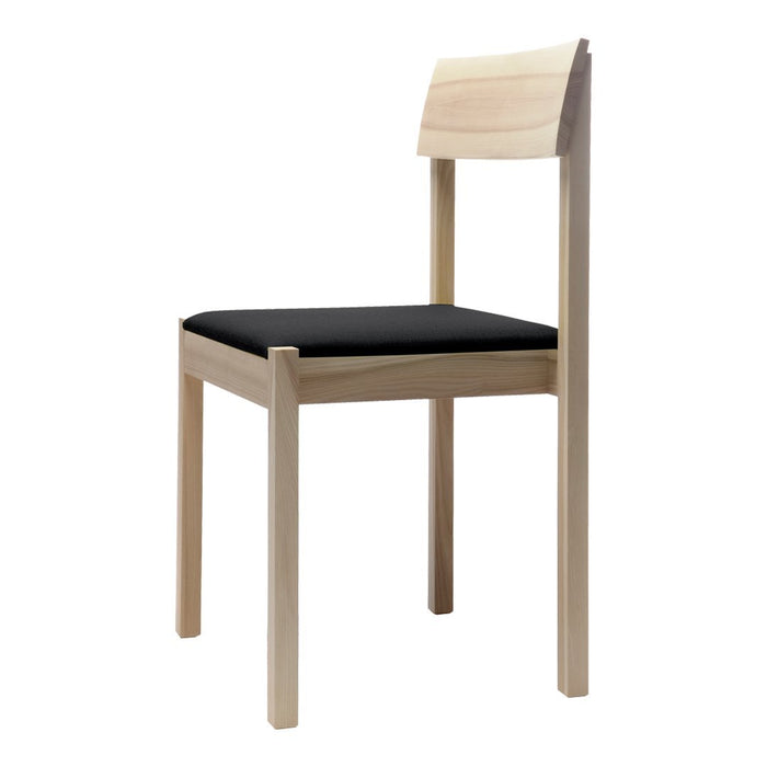 Natural wood chair with a light finish and a sleek black cushion seat, featuring a minimalist design.