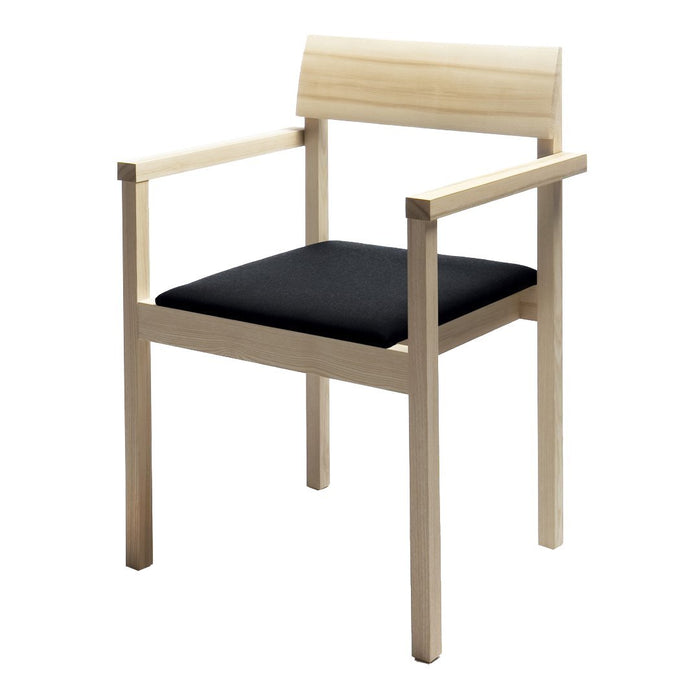 Natural wood chair with a smooth finish and a sleek black upholstered seat. Modern, minimalist design.