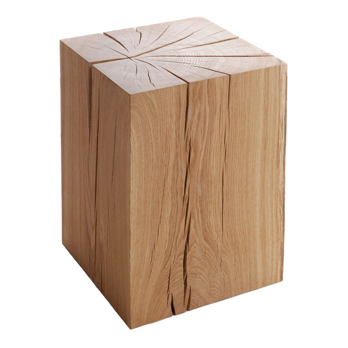 Natural oak wood stool with textured grain and light honey color, featuring unique cracks and a minimalist design.