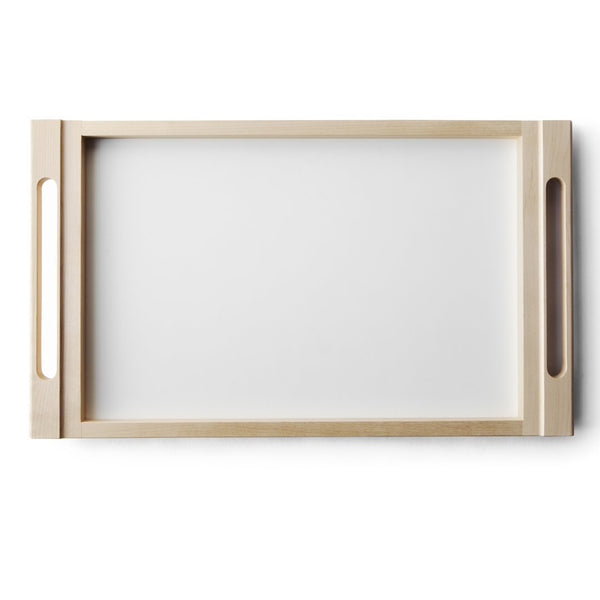 Natural wood serving tray with smooth, light beige finish and minimalist design. Ideal for stylish dining.