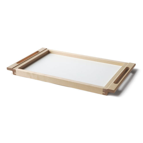Natural wood tray with a light beige finish and smooth white surface, featuring minimalist design and no patterns.