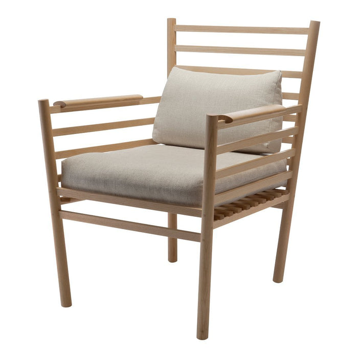 Light wood frame chair with soft beige cushions and minimalist slatted design. Ideal for modern decor.