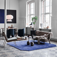 Cozy living room featuring navy blue rug, gray furniture, green plant, and geometric patterns on the floor.