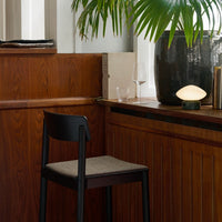 Black wooden chair with a beige fabric seat against rich brown wood paneling, accented by green foliage and soft lighting.