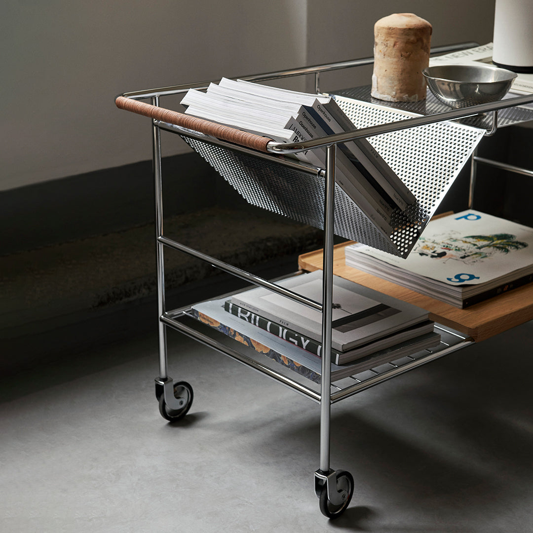 Metal cart with a wooden top, featuring a minimalist design and a mix of gray, silver, and natural wood tones.